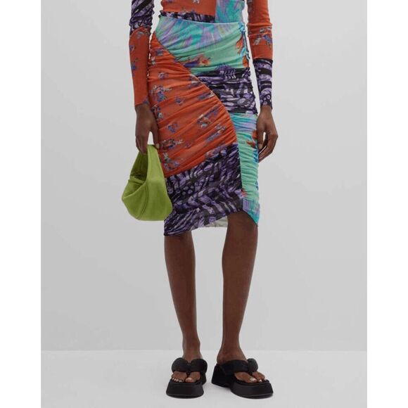 Fuzzi Patchwork Floral Ruched Tulle Asymmetrical Skirt Women's Size Small